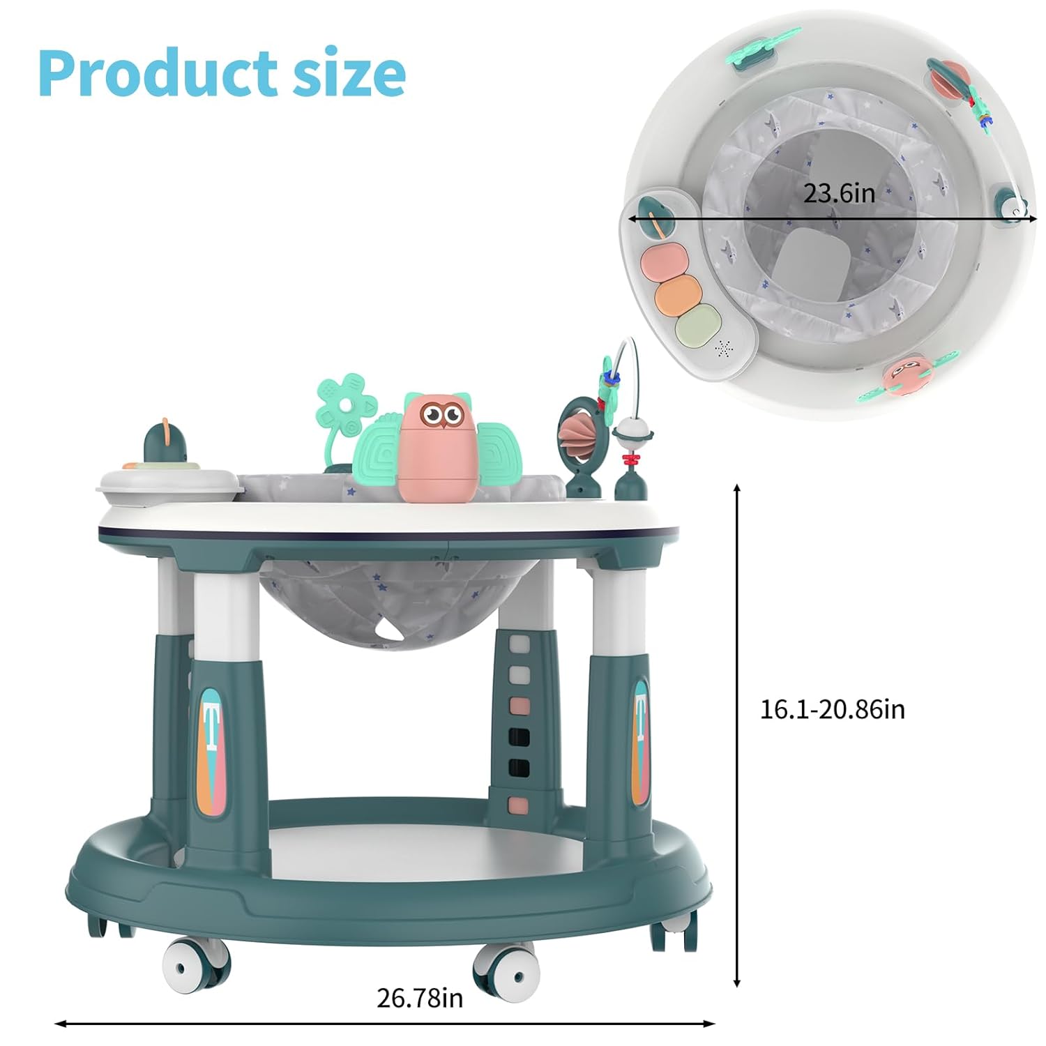 Baby Walker with 5 Adjustable Heights, Baby Walkers and Activity Center for Boys Girls Babies 6-12 Months, Features 360 Degree Swivel Seat, Music, Detachable Toys, Bounce Foot pad