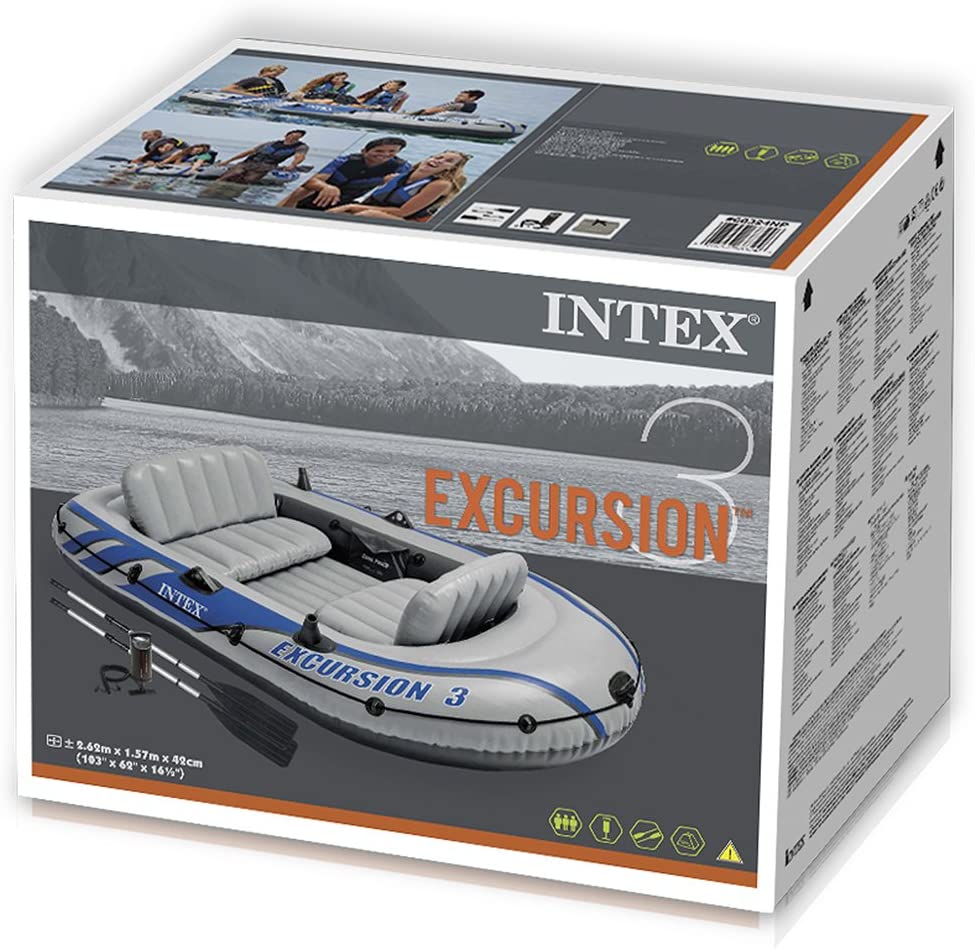 INTEX Excursion 3 Boat Set + Aluminium Oars + Pump L10.3ft x W5.4 ft x H1.4ft