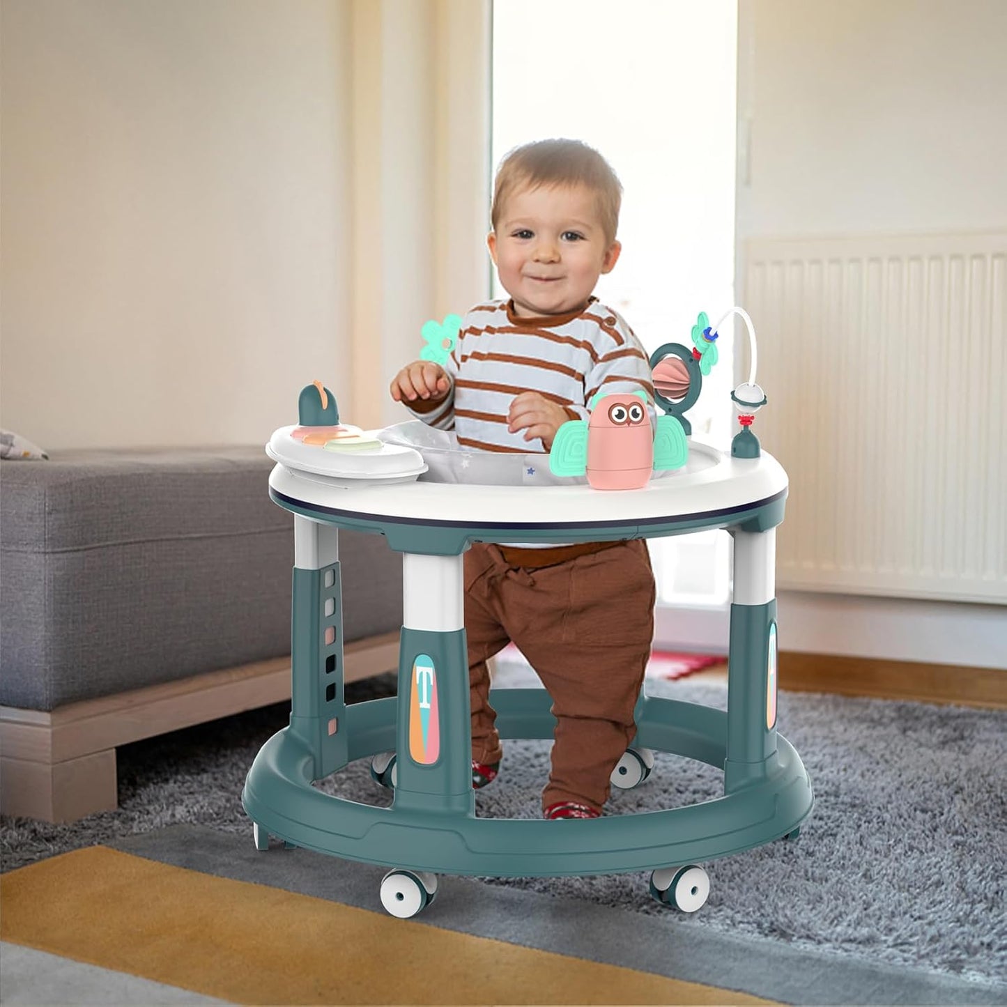 Baby Walker with 5 Adjustable Heights, Baby Walkers and Activity Center for Boys Girls Babies 6-12 Months, Features 360 Degree Swivel Seat, Music, Detachable Toys, Bounce Foot pad