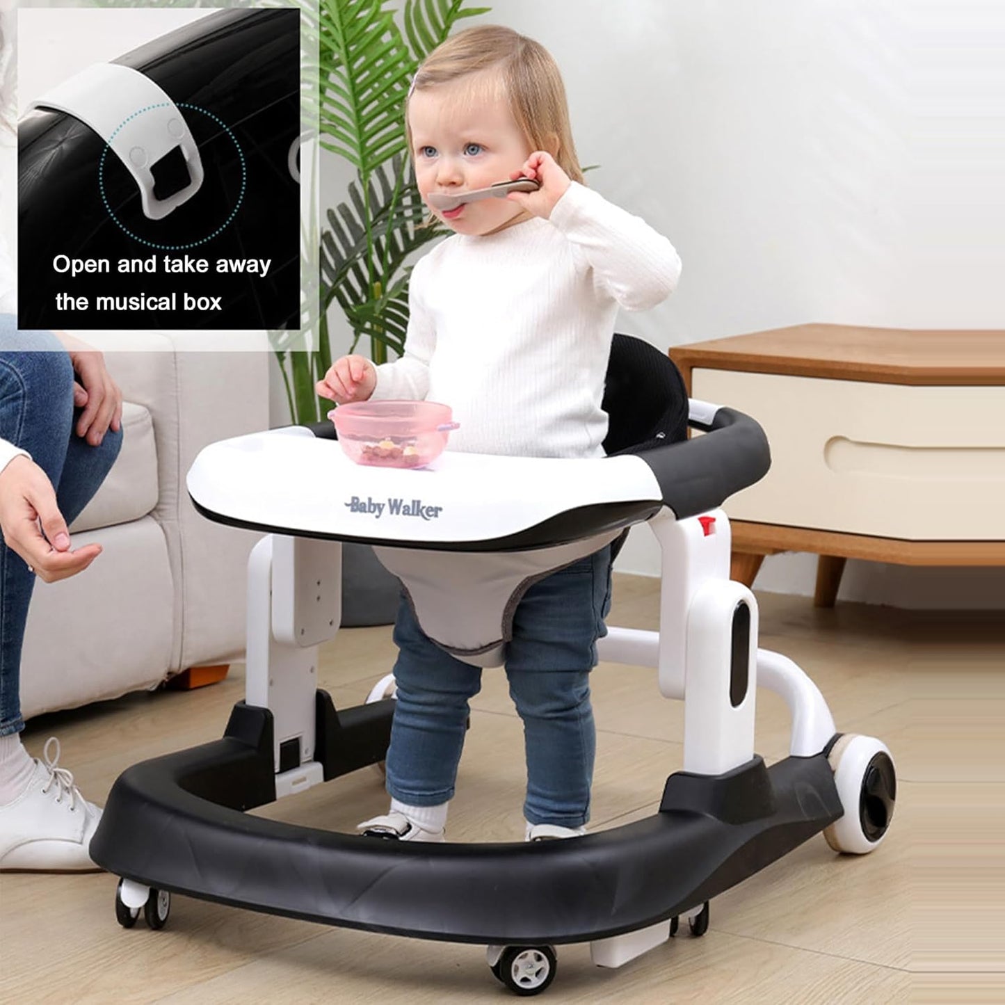 4-in-1 Baby Walker with Wheels, Foldable Baby Push Walker with Adjustable Height & Speed, Standing Activity Center with Music & Lights, Black