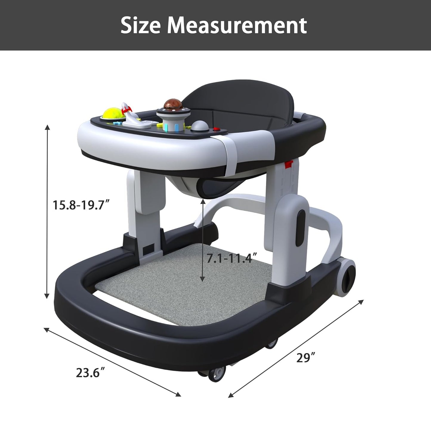 4-in-1 Baby Walker with Wheels, Foldable Baby Push Walker with Adjustable Height & Speed, Standing Activity Center with Music & Lights, Black