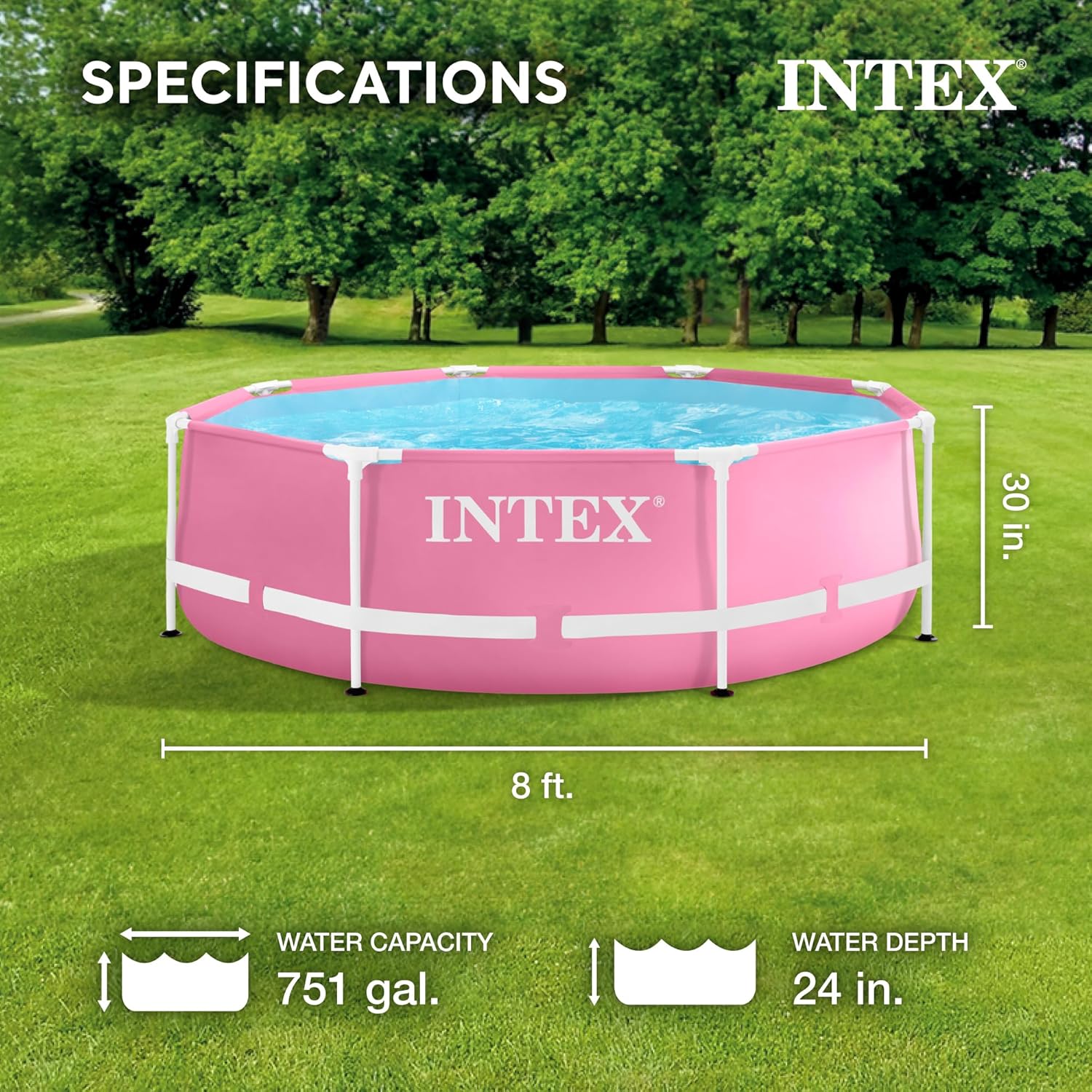 Intex 8ft x 2.5ft Round Metal Frame Above Ground Swimming Pool, Pink