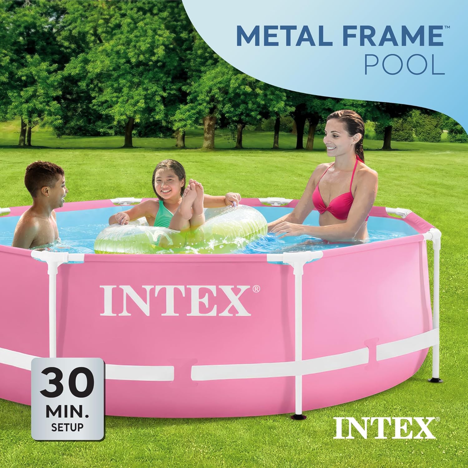 Intex 8ft x 2.5ft Round Metal Frame Above Ground Swimming Pool, Pink