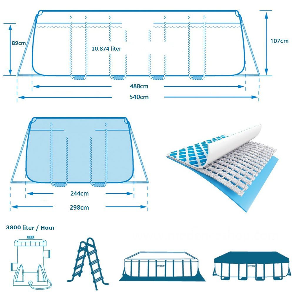 Intex Prism frame Pool Set (4.88m x 2.44m x 1.07m ) Rectangular With Filter Pump & Ladder