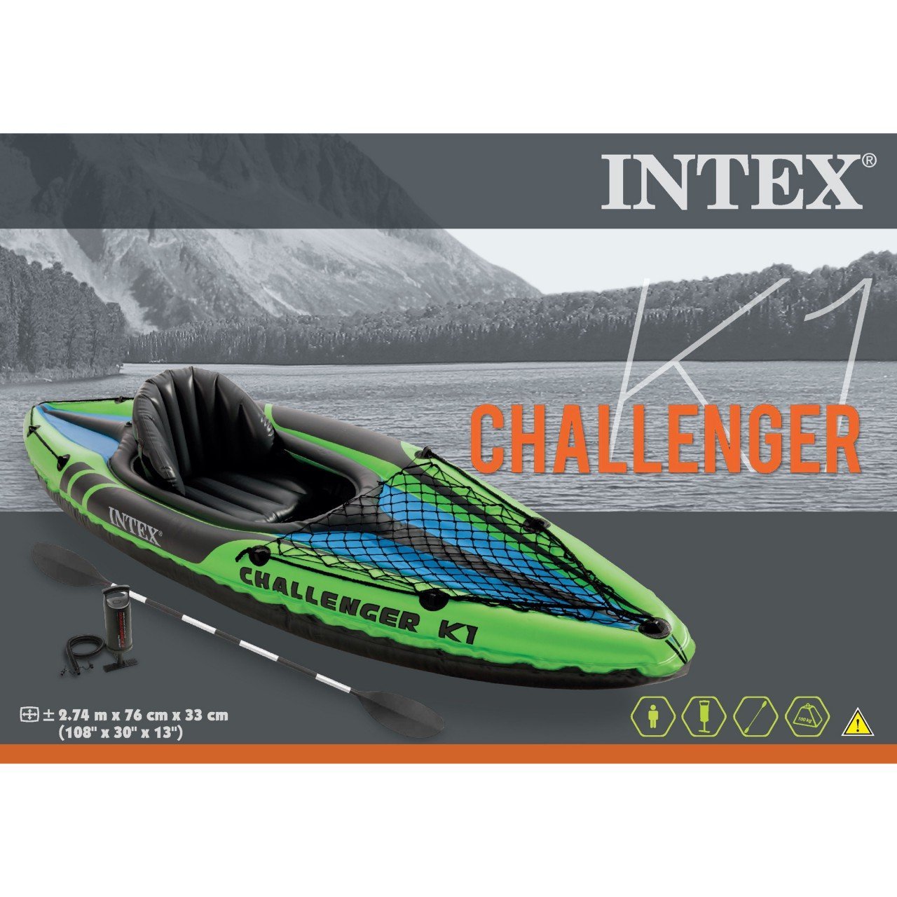 INTEX Boat Challenger K1 Kayak 1 Person With 86" Aluminum Oars & Air Pump